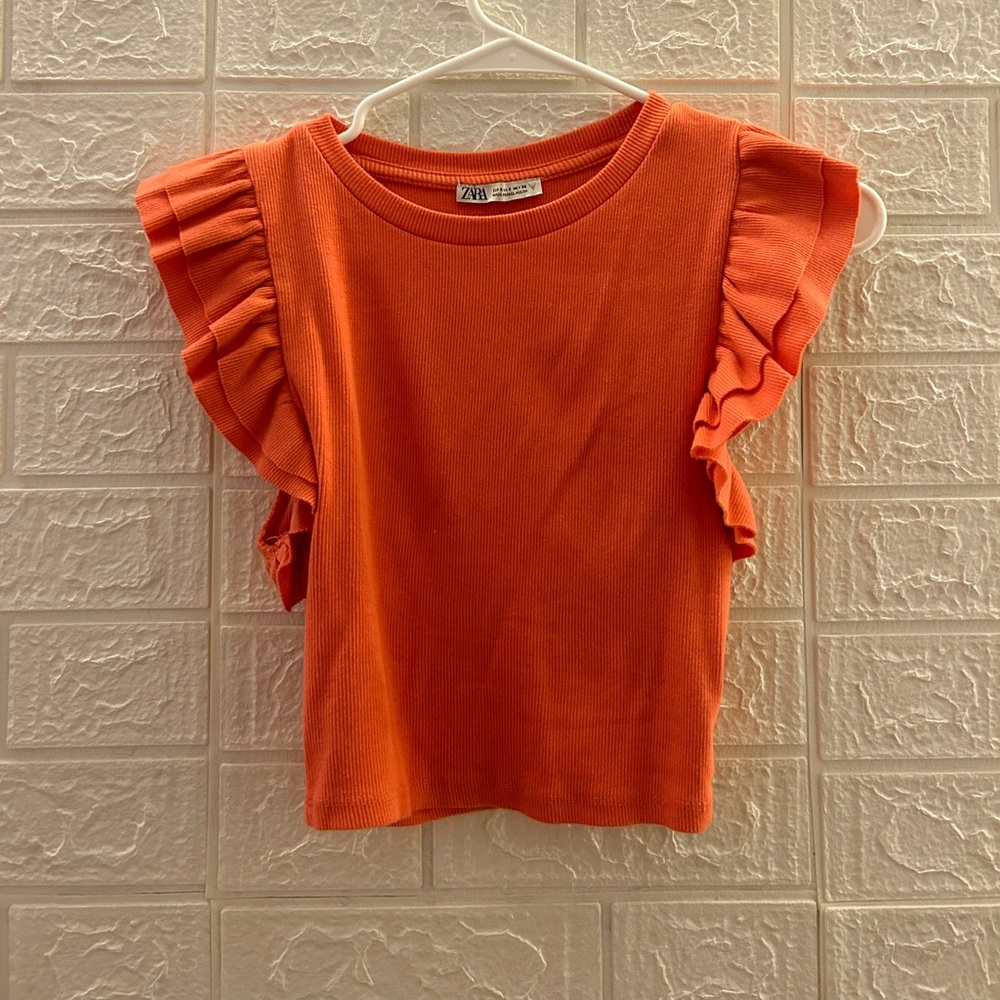 ZARA Ruffle sleeve slim coral top